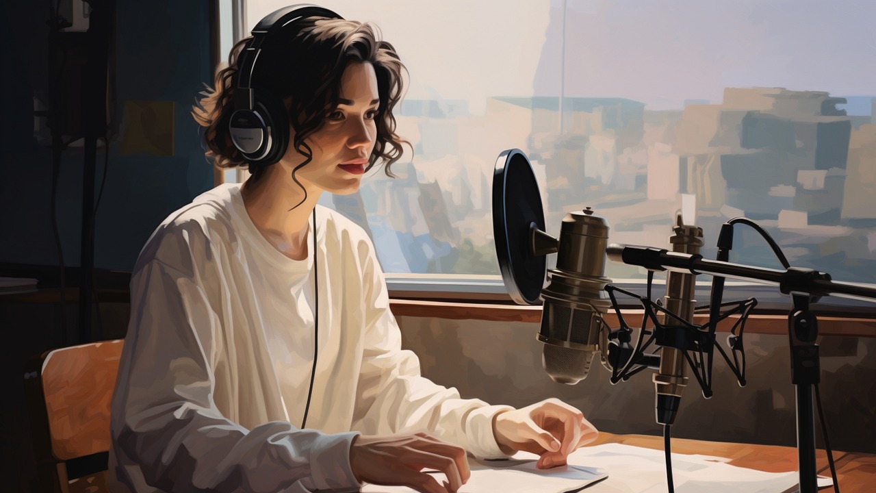 a lady in front of the mike and papers on the table