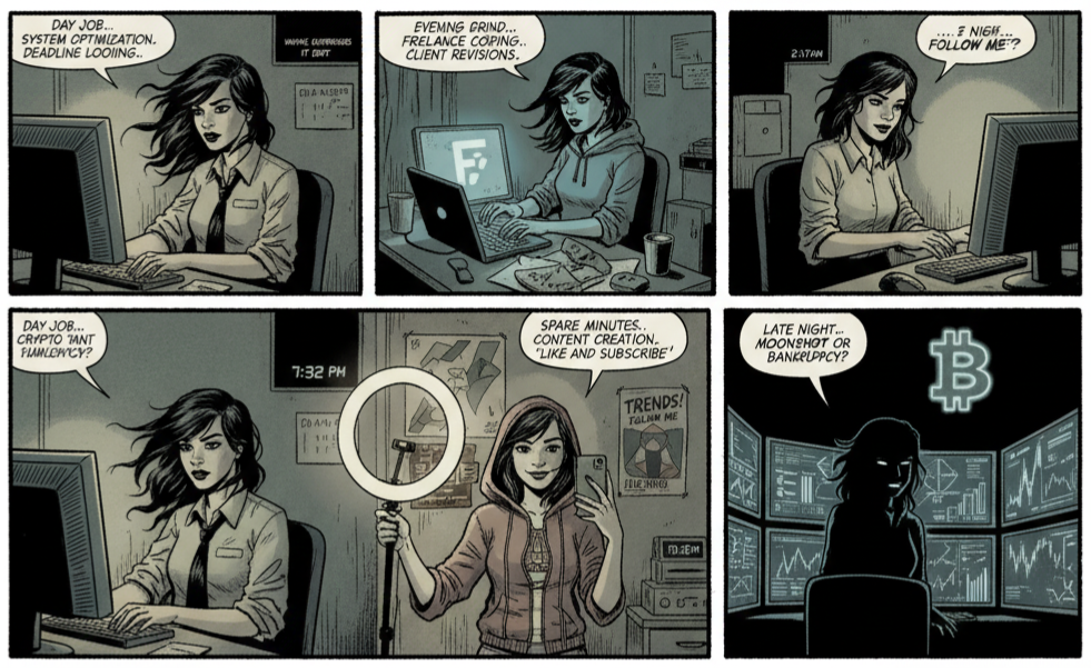 A comic panel showing a Gen Z woman balancing many jobs