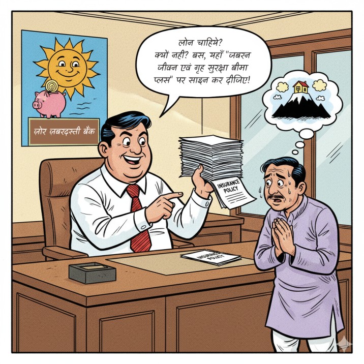 A cartoon of a bank manager forcibly slling insurance to a customer wanting a home loan