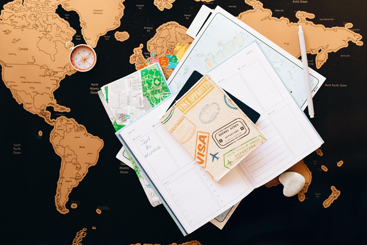 Travel documents on a world map