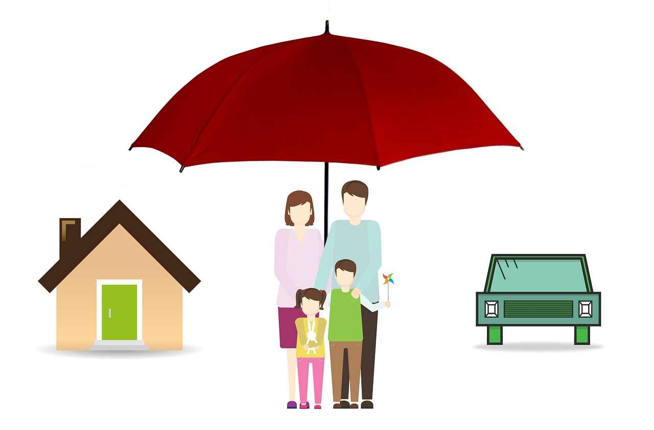a family is under umbrella, house and a car