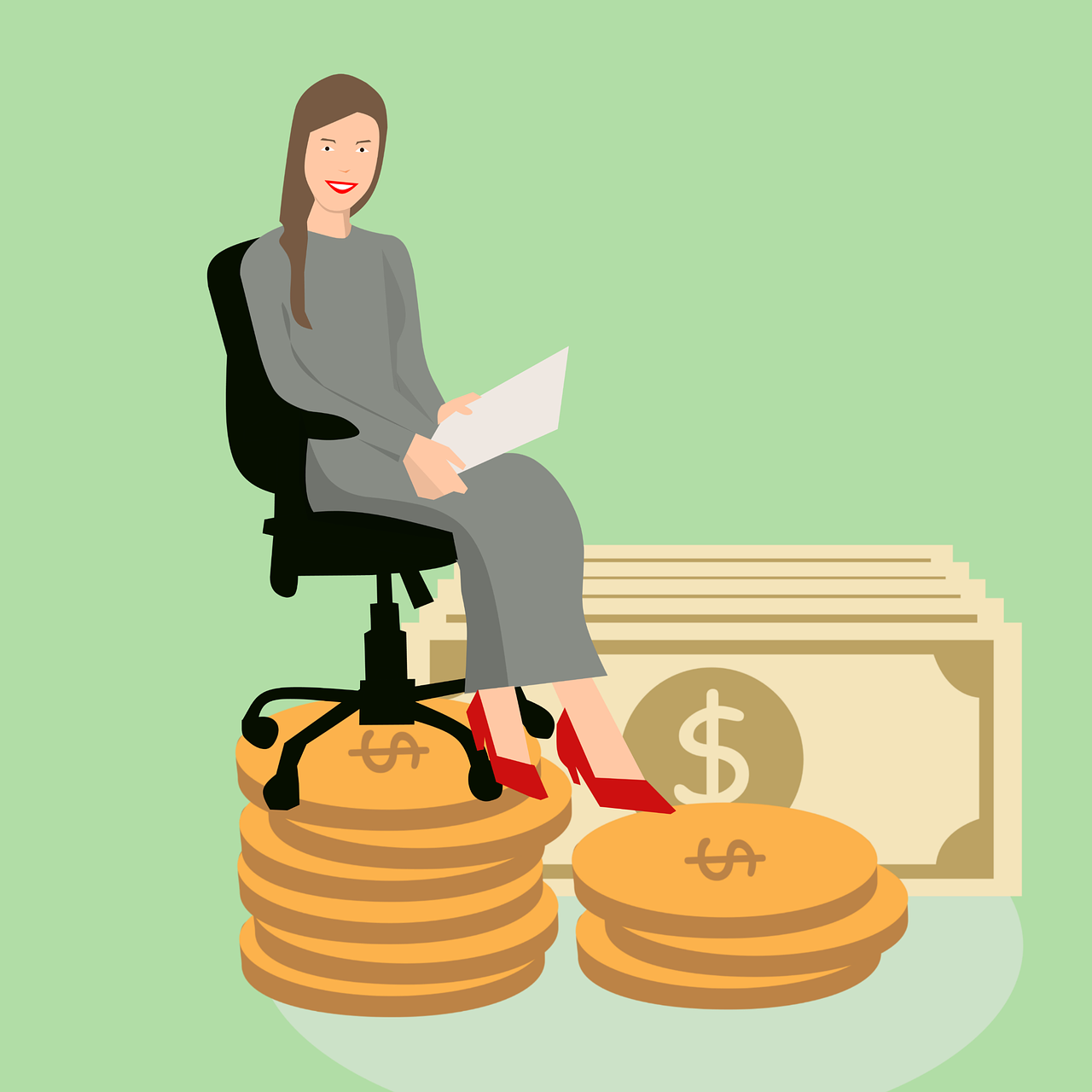 a woman is sitting with coins ad dollars