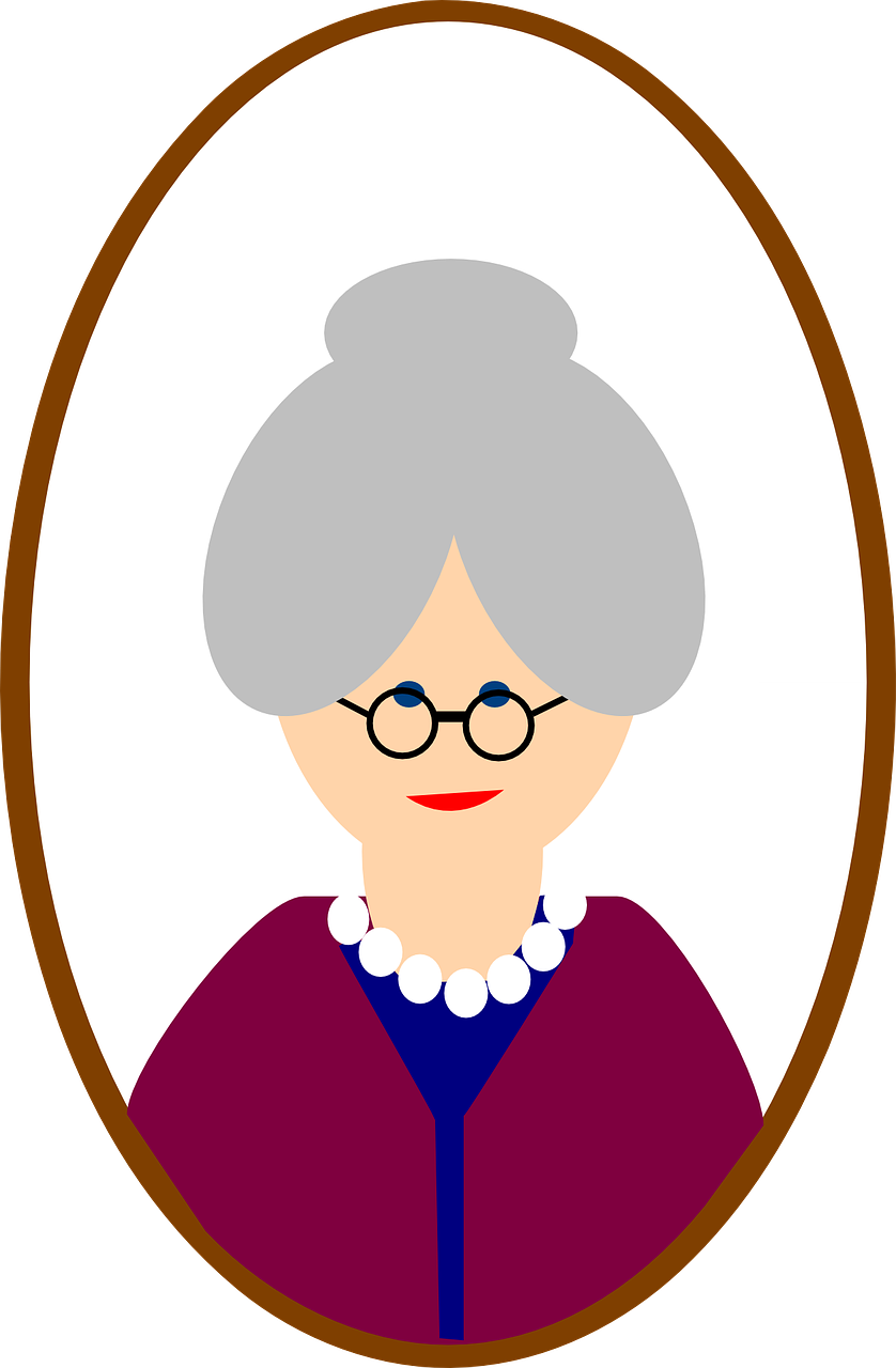 old lady wearing necklace and maroon sweater and glasses