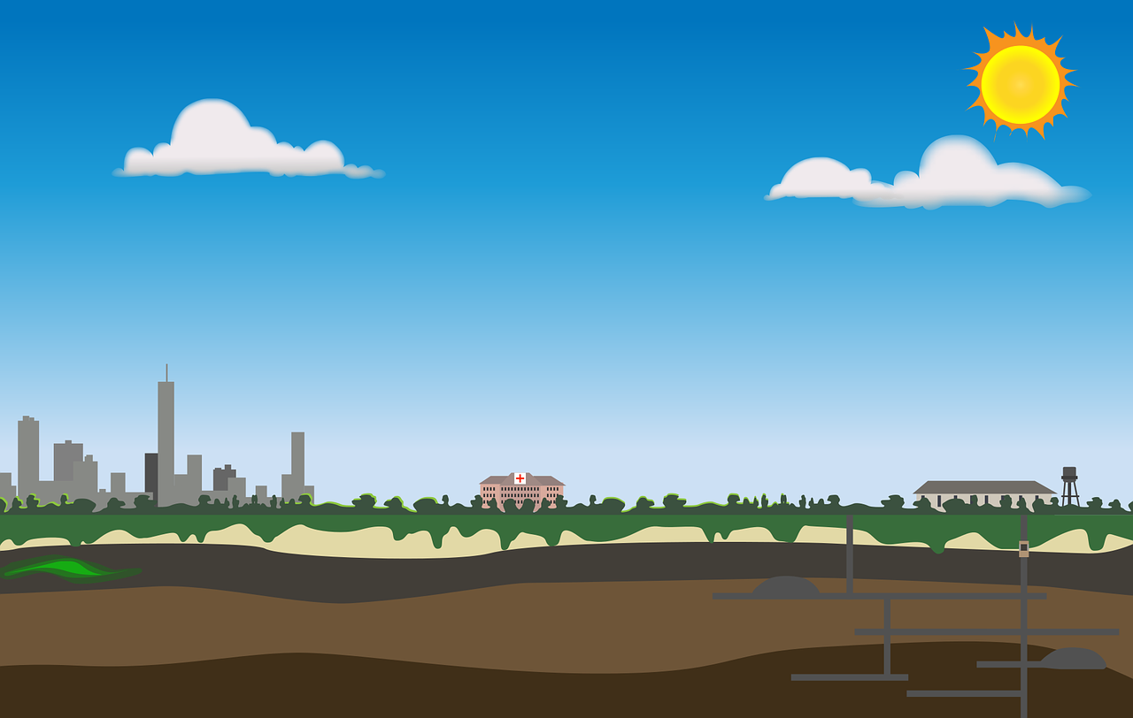 land with greenery , house and white sky